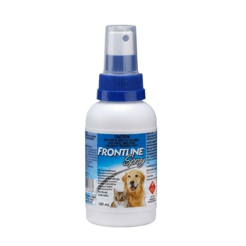 PetFriend Frontline flea and tick spray for dogs and cats in a 100ml white bottle with a blue pump spray nozzle.