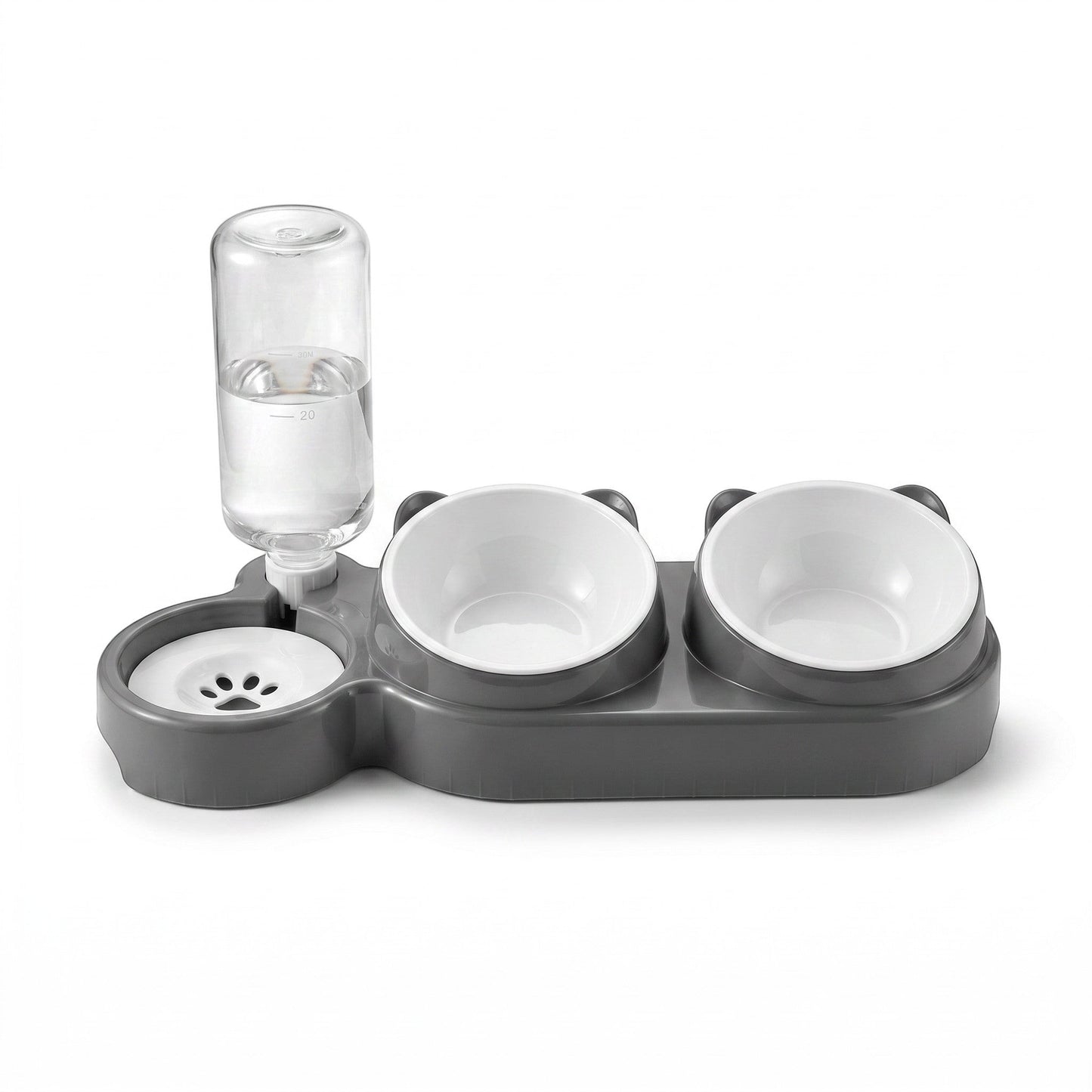PetFriend grey double pet bowl station with two white food bowls and an automatic gravity-fed water dispenser bottle.