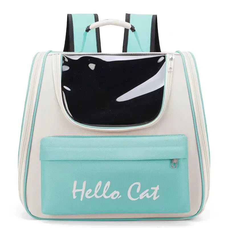 PetFriend Hello Cat pet backpack in mint green and white with a transparent front window for cats and small dogs