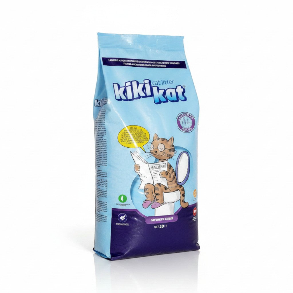 PetFriend Kiki Kat clumping cat litter with natural lavender scent in a 20L bag for feline hygiene