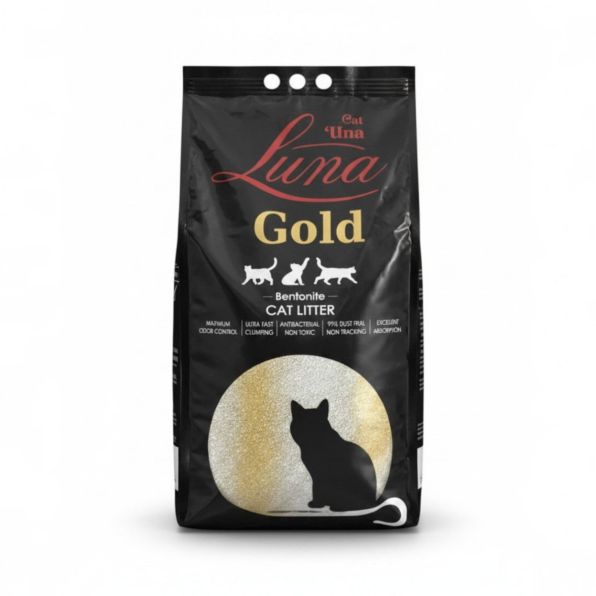 PetFriend Luna Gold baby powder scented clumping bentonite cat litter in a 10L black bag with cat silhouette design.