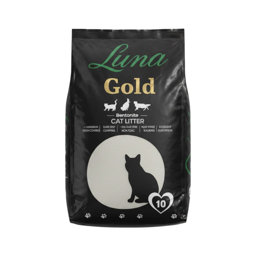 PetFriend Luna Gold green apple scented clumping bentonite cat litter in a 10L black bag