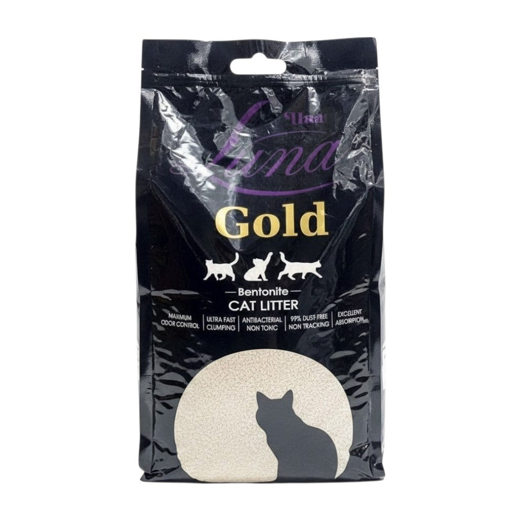 PetFriend Luna Gold lemon scented clumping bentonite cat litter in a 5L black bag with a cat silhouette design