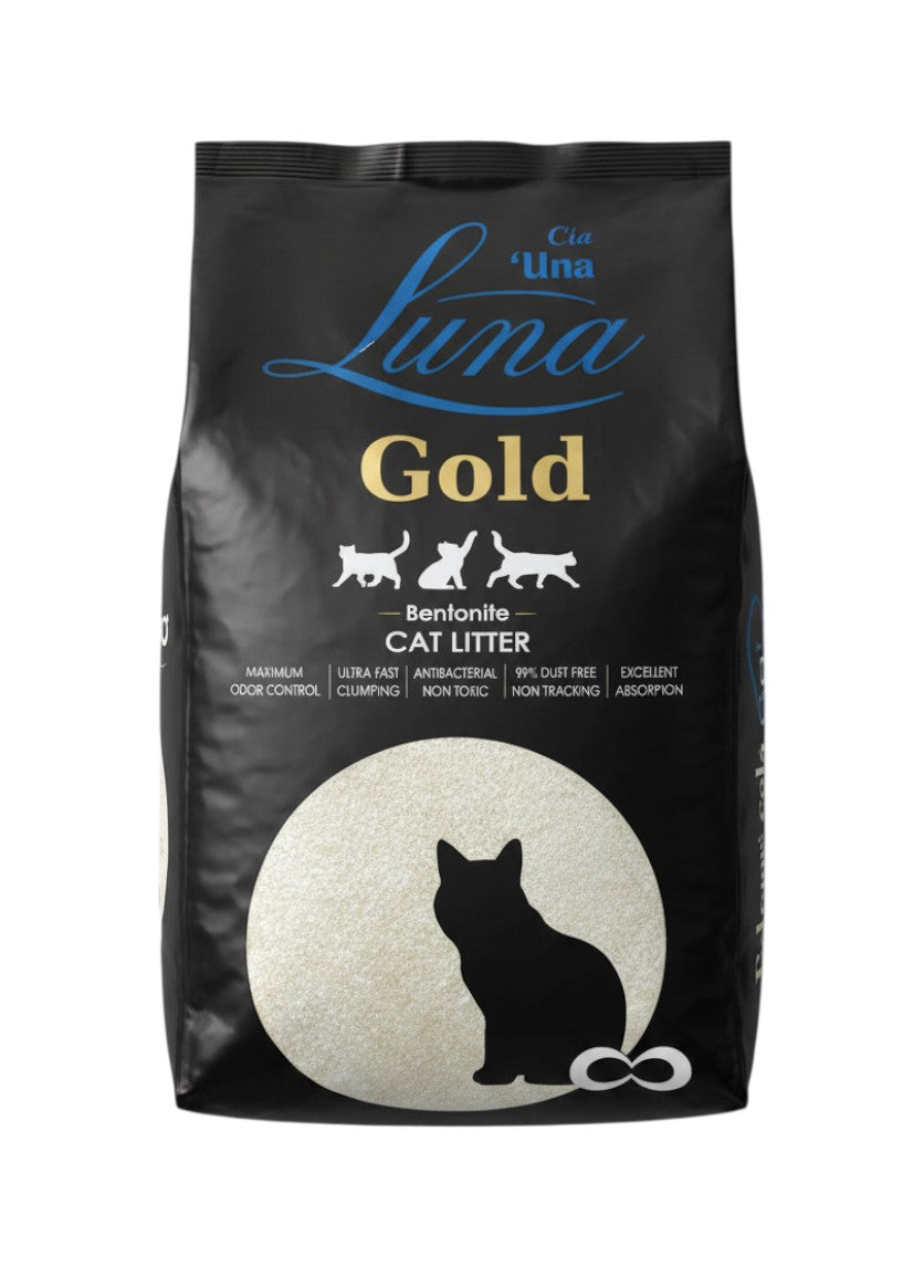 PetFriend Luna Gold scented clumping bentonite cat litter in a 10L black bag with cat silhouette graphic