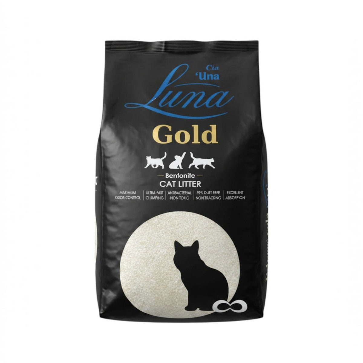 PetFriend Luna Gold scented clumping bentonite cat litter in a 10L black bag with cat silhouette design
