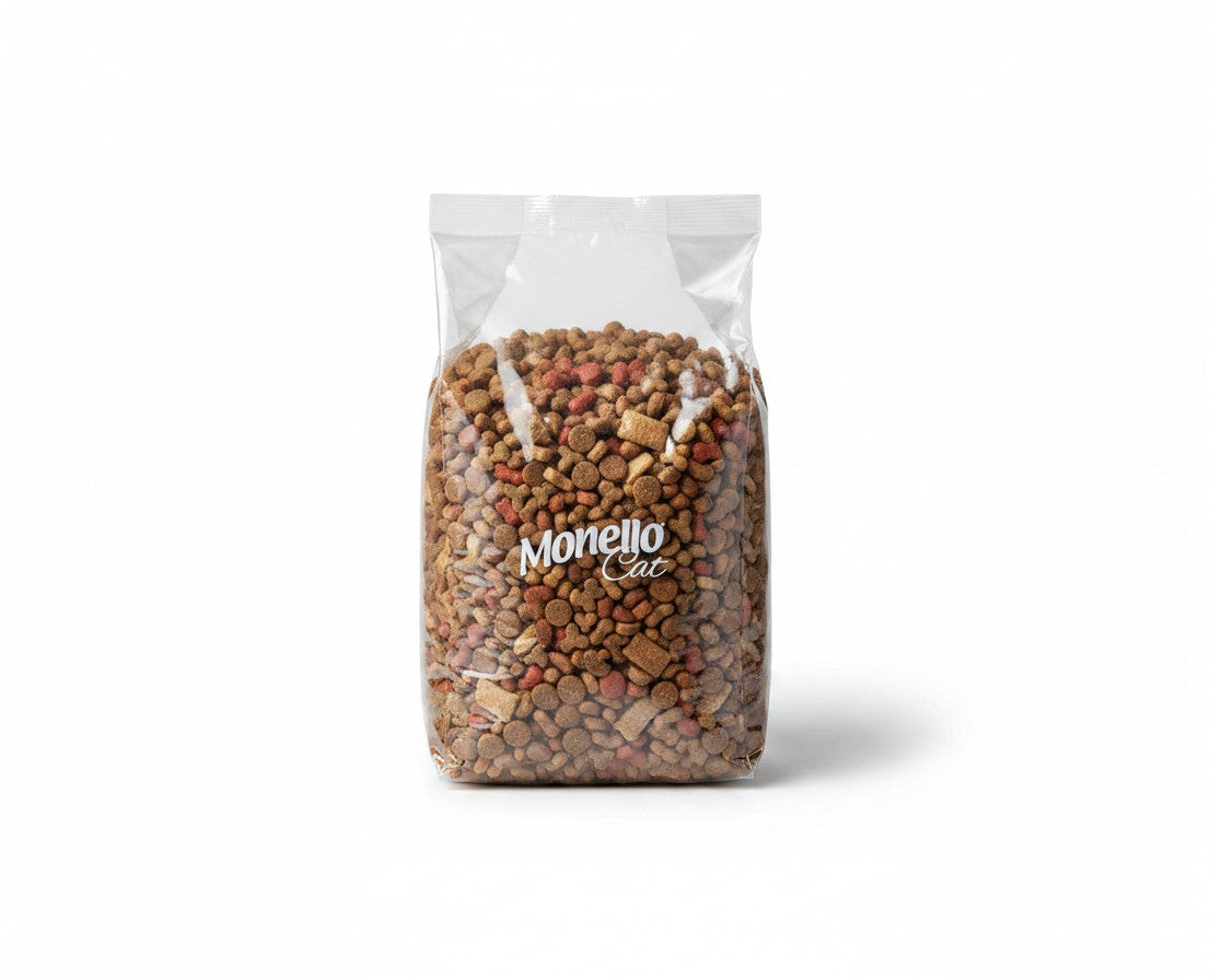 PetFriend MONELLO dry cat food in a 500g transparent bag showing assorted brown and red kibble pieces.