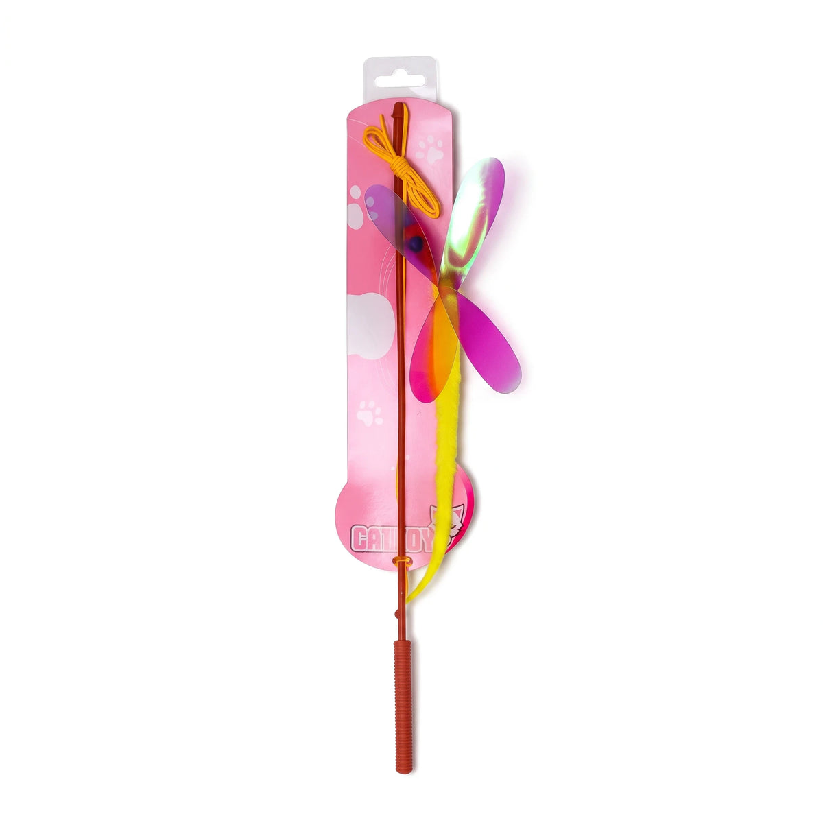 PetFriend mosquito cat teaser toy with iridescent wings and yellow tail on pink display card