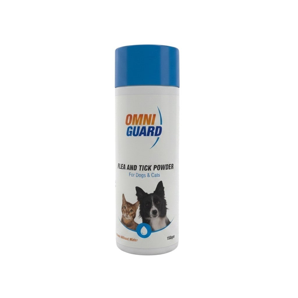 PetFriend OmniGuard anti-parasitic dry shampoo powder for dogs and cats in a white bottle with a blue cap