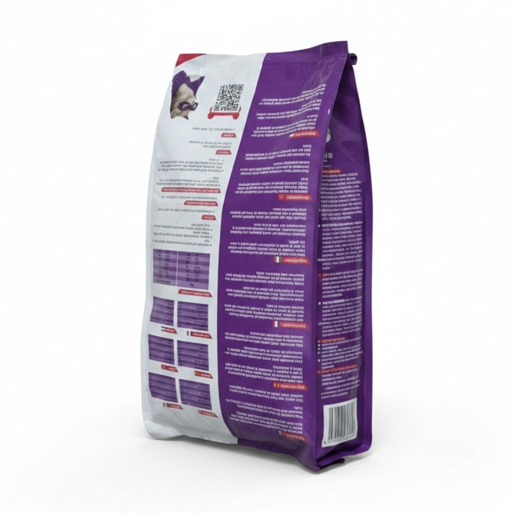 PetFriend OmniGuard chicken flavour dry cat food in a 15kg purple and white bag, side view showing nutritional info.