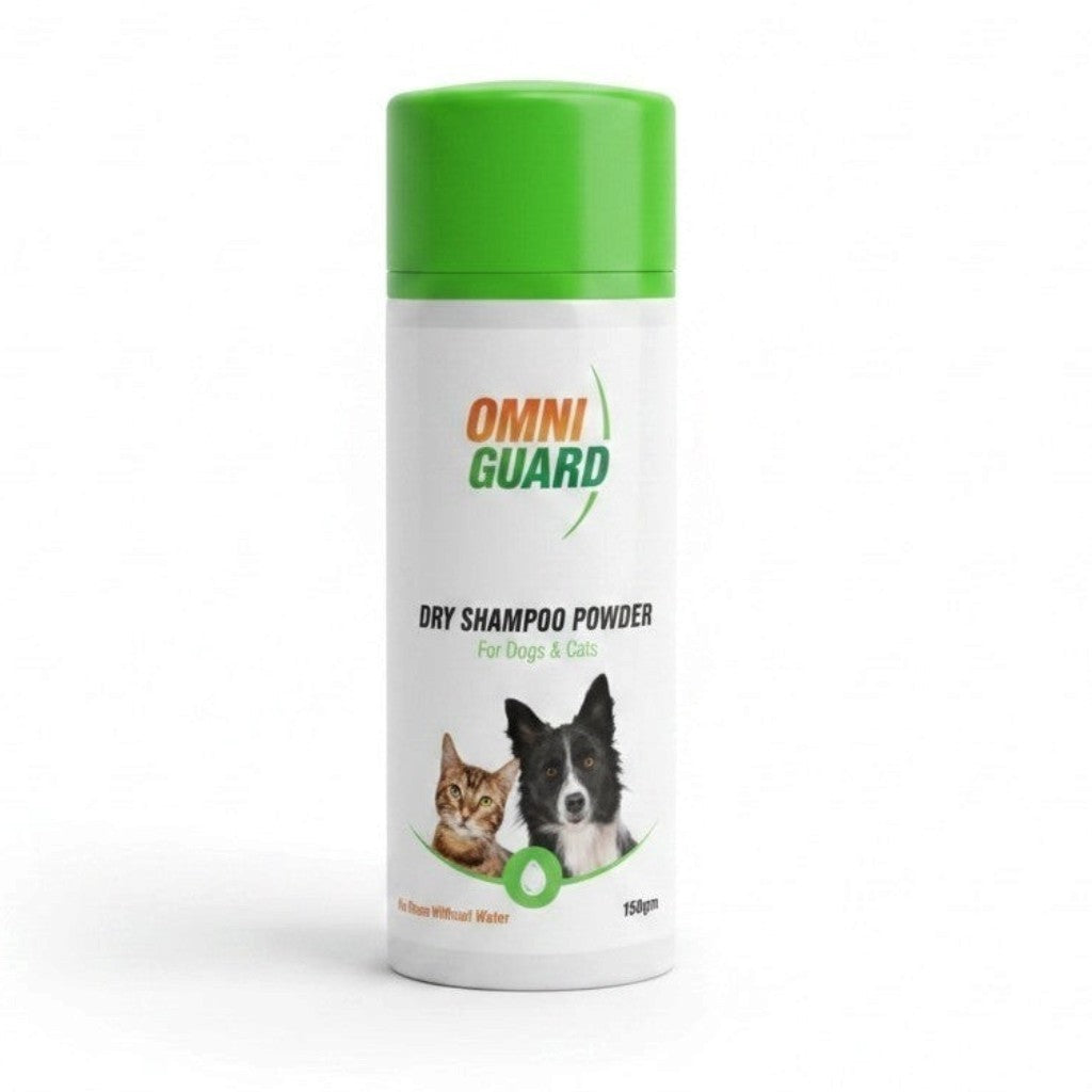 PetFriend OMNIGUARD dry shampoo powder for dogs and cats in a white bottle with a green cap