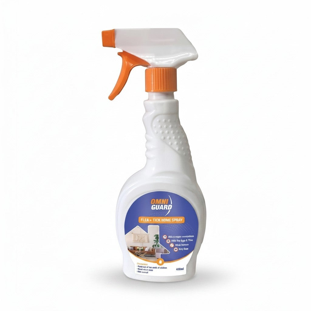 PetFriend OmniGuard 500ml flea and tick home spray bottle with an orange trigger nozzle on a white background