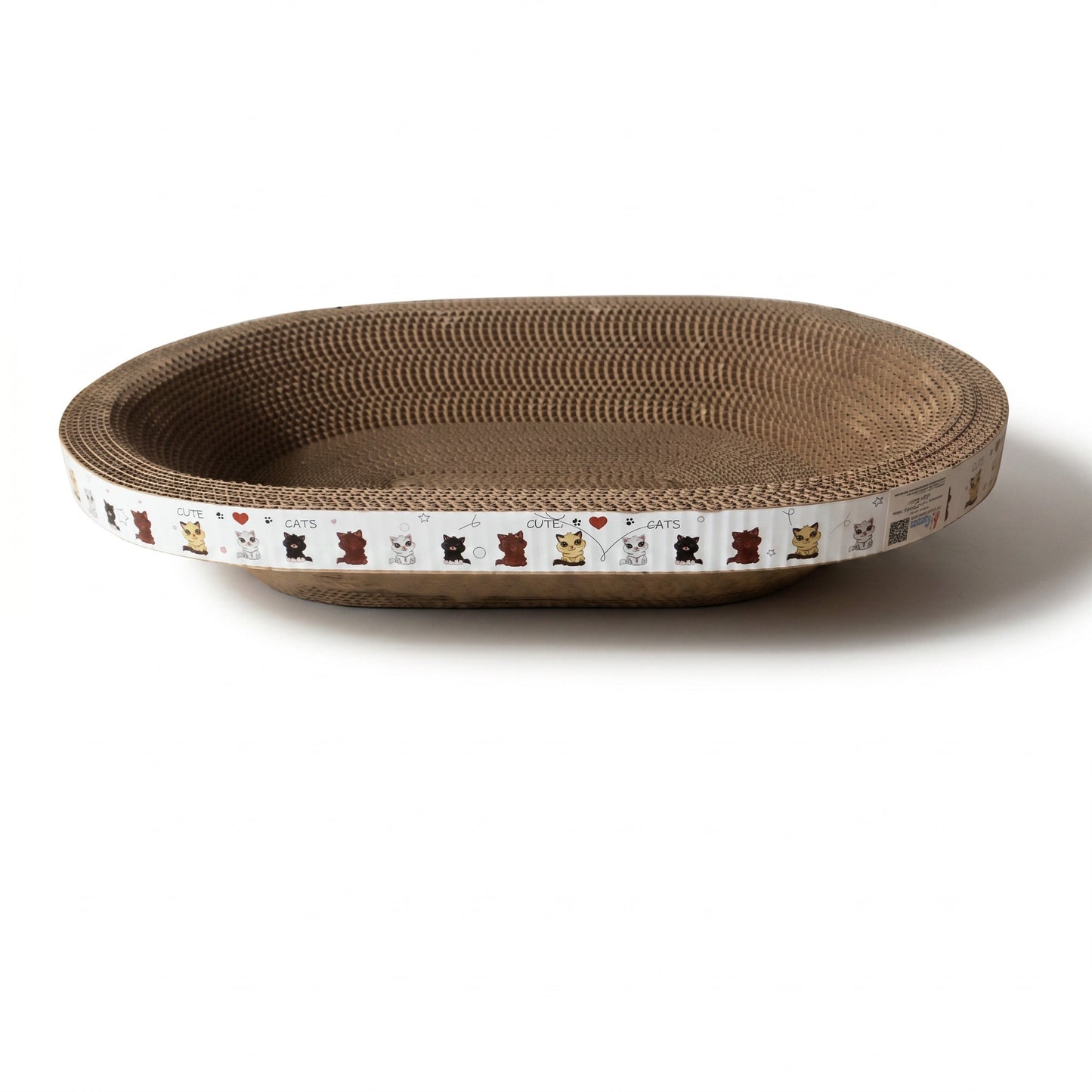 PetFriend oval wide cardboard cat scratcher with a decorative border featuring cute cat illustrations