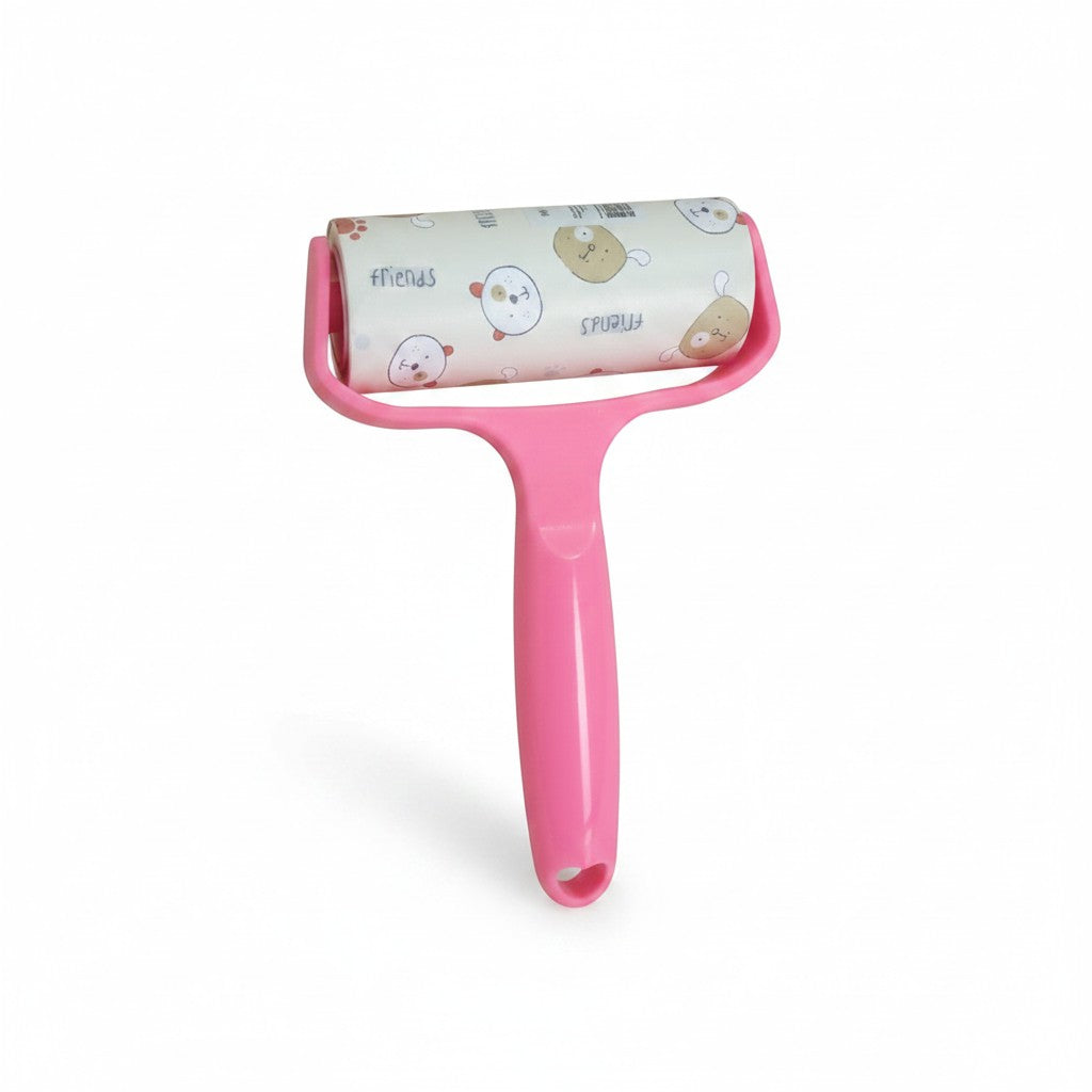 PetFriend pet fur removal roll with a pink handle and 60 adhesive paper sheets featuring cute animal illustrations.