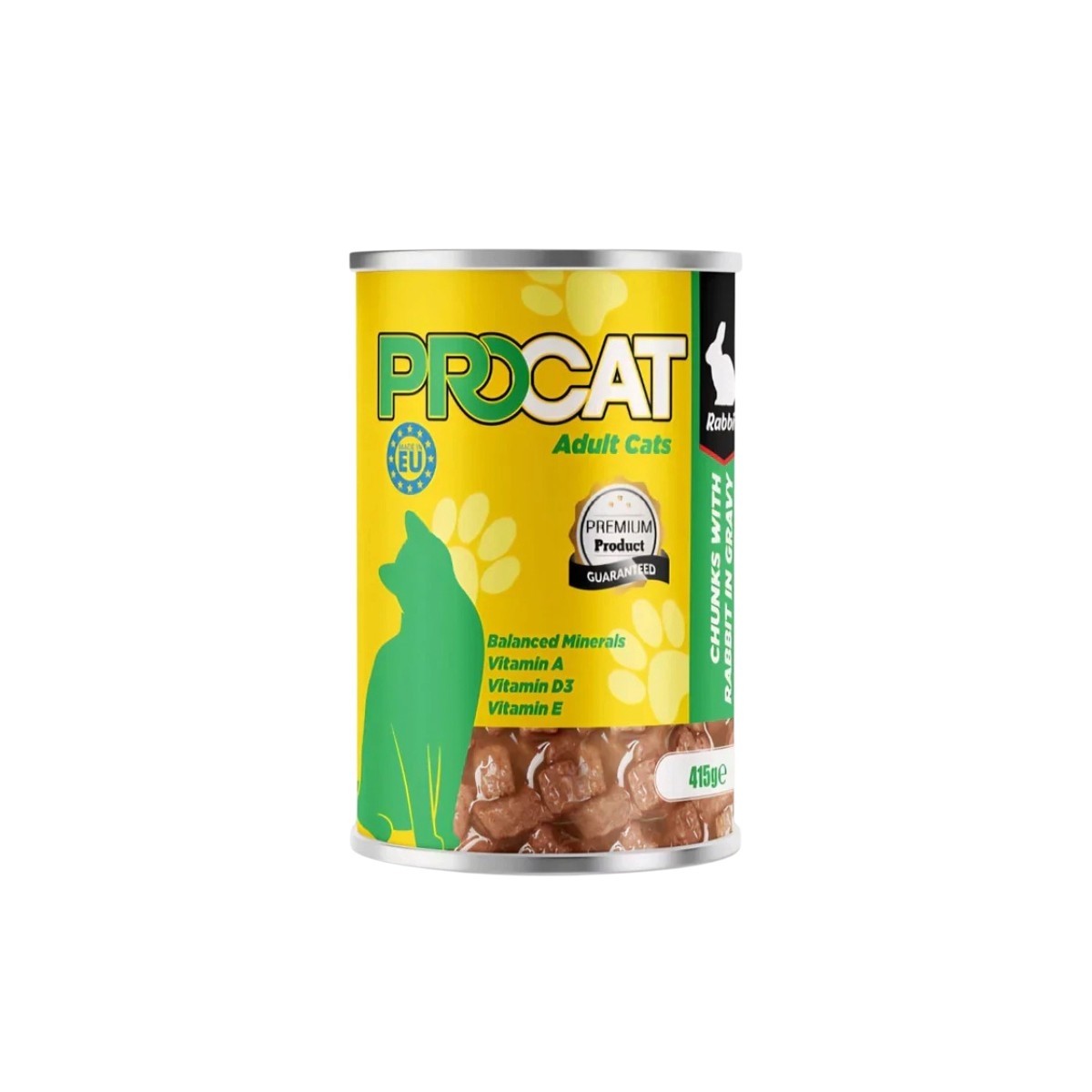 PetFriend Procat wet cat food tin with rabbit chunks in gravy, 415g adult cat nutrition with added vitamins