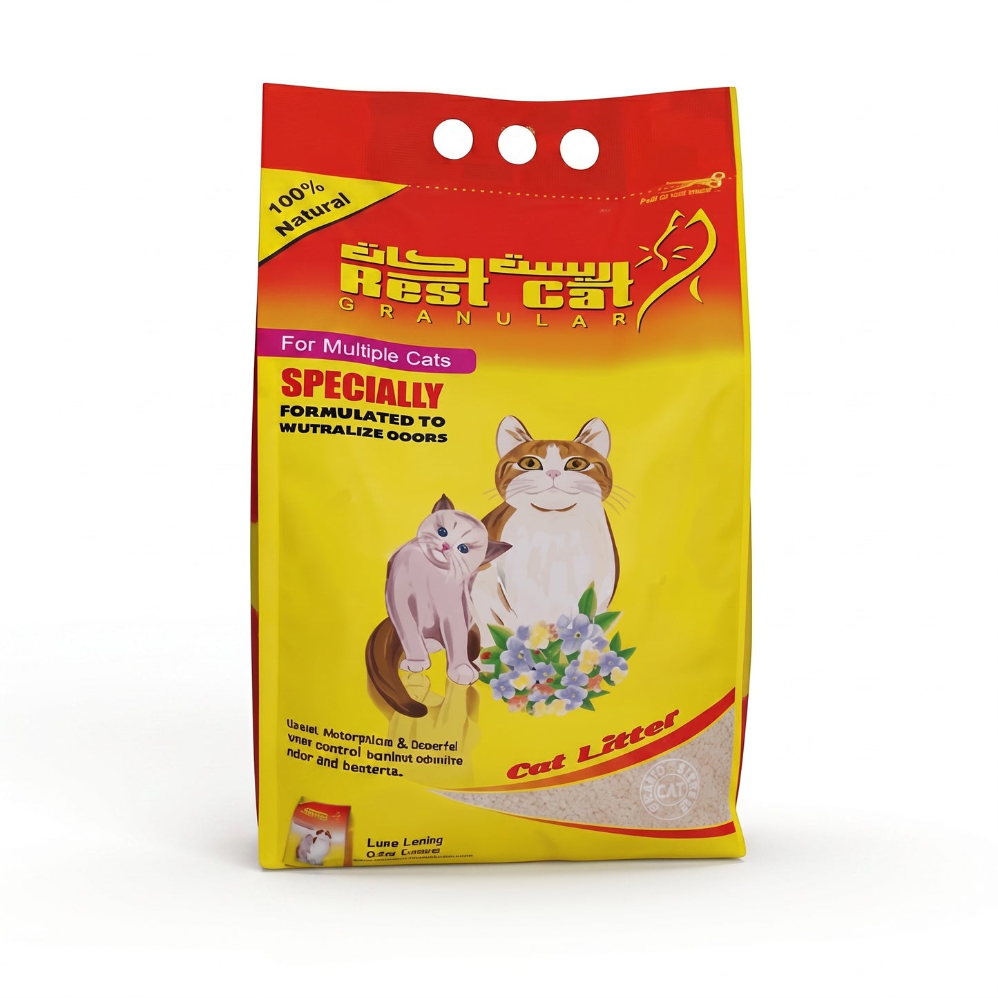PetFriend Rest Cat clumping cat litter in a 5L yellow bag made from natural bentonite for effective odor control.