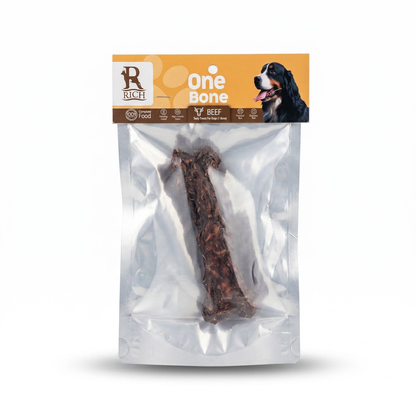 PetFriend Rich single beef bone dog treat in a vacuum-sealed clear plastic pouch