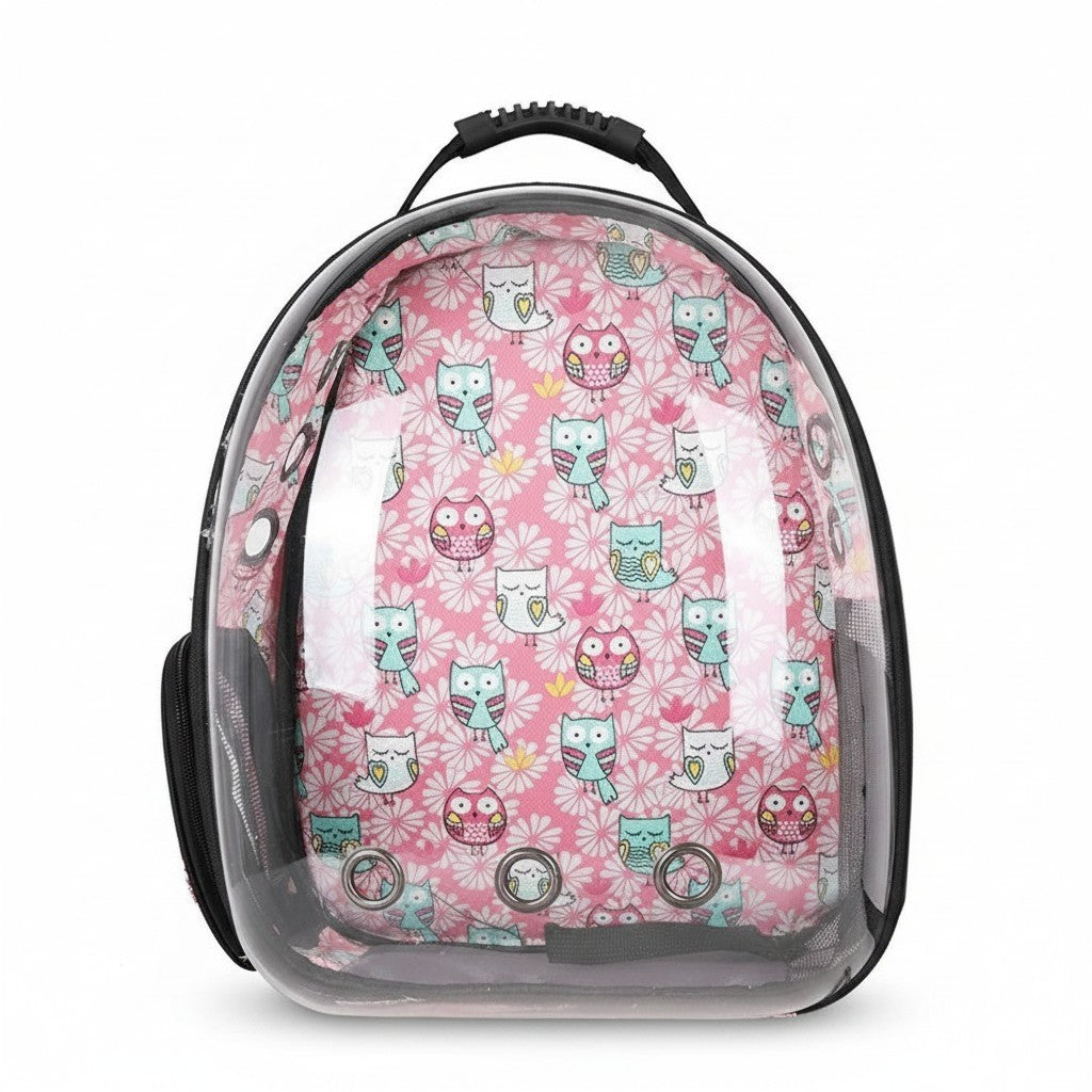 PetFriend transparent pet carrier backpack featuring a pink owl cartoon print and breathable ventilation holes