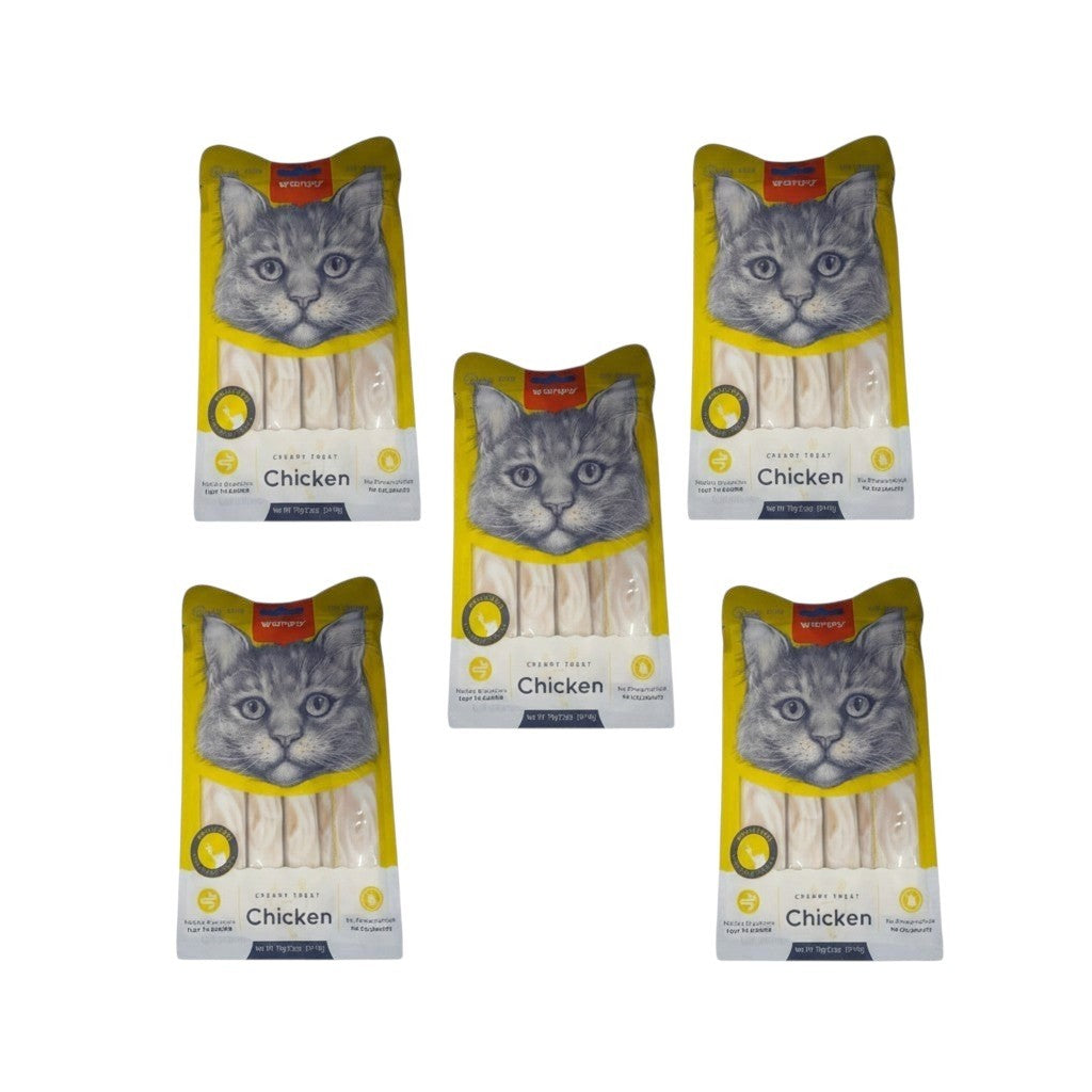 PetFriend Wanby creamy chicken cat treats in a five-pack bundle featuring cat illustrations on yellow packaging