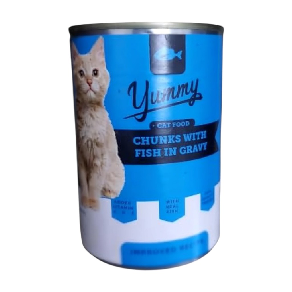 PetFriend Yummy wet cat food can with fish chunks in gravy, 400g tin featuring a ginger cat illustration