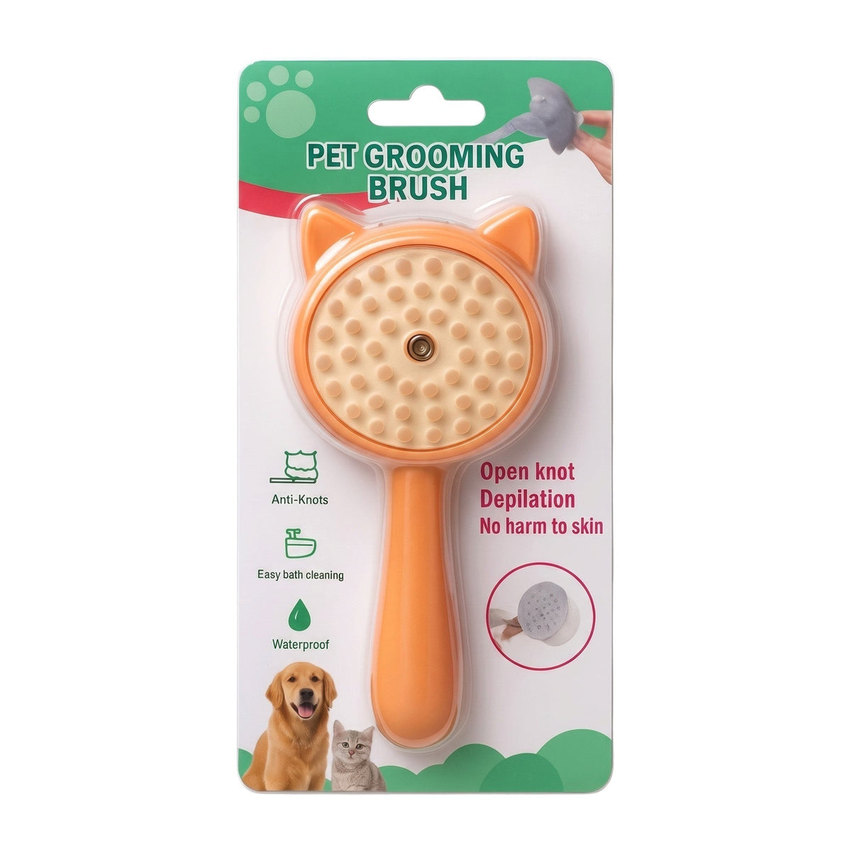 PetFriend orange cat-shaped steam grooming brush in retail packaging for detangling and reducing pet hair shedding.