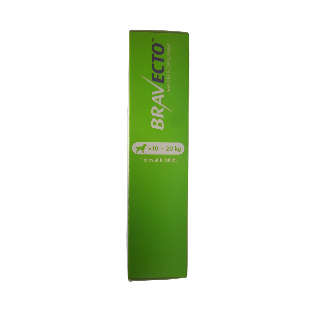 Green packaging of Bravecto for dogs on a white background