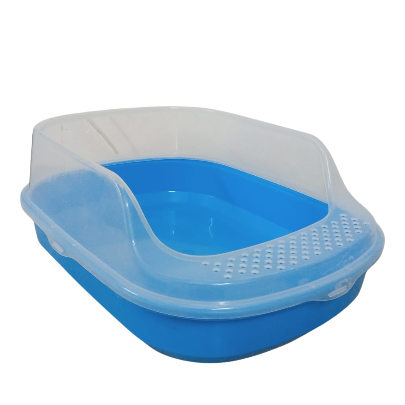 Blue plastic pet litter box with transparent lid on a white background