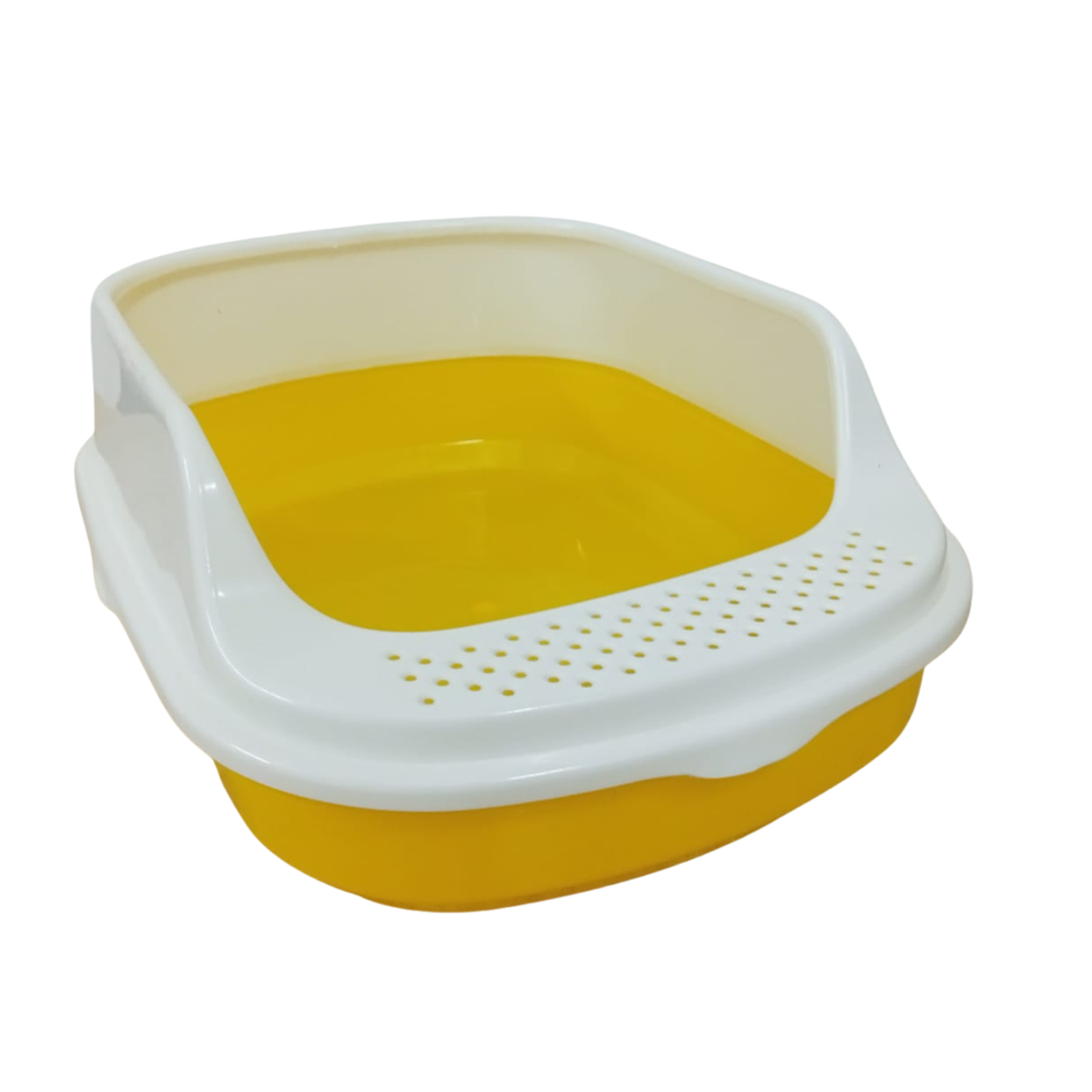 Yellow and white plastic pet litter box on a white background