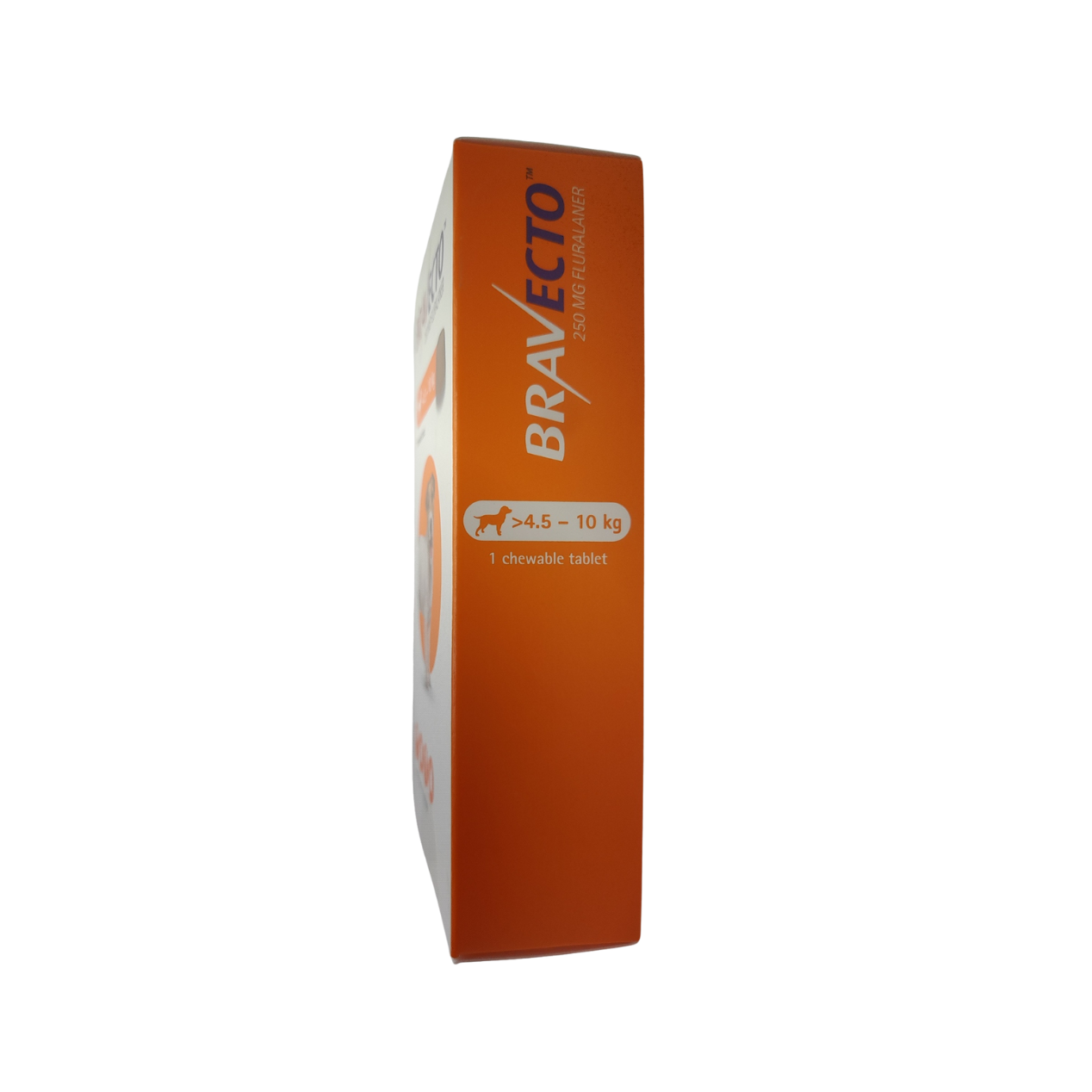 Orange box of Bravecto for dogs on a white background