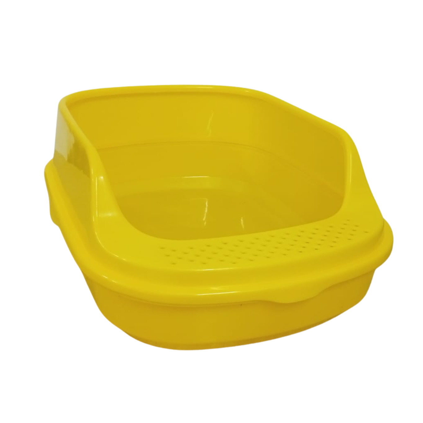 Yellow plastic pet litter box on a white background