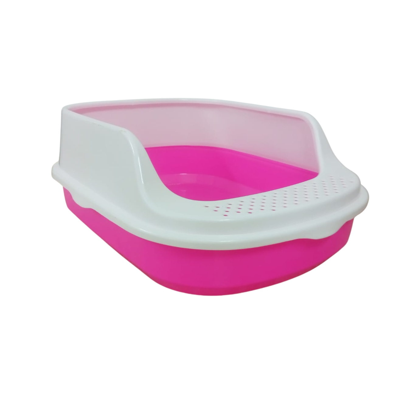 Pink and white pet litter box on a white background