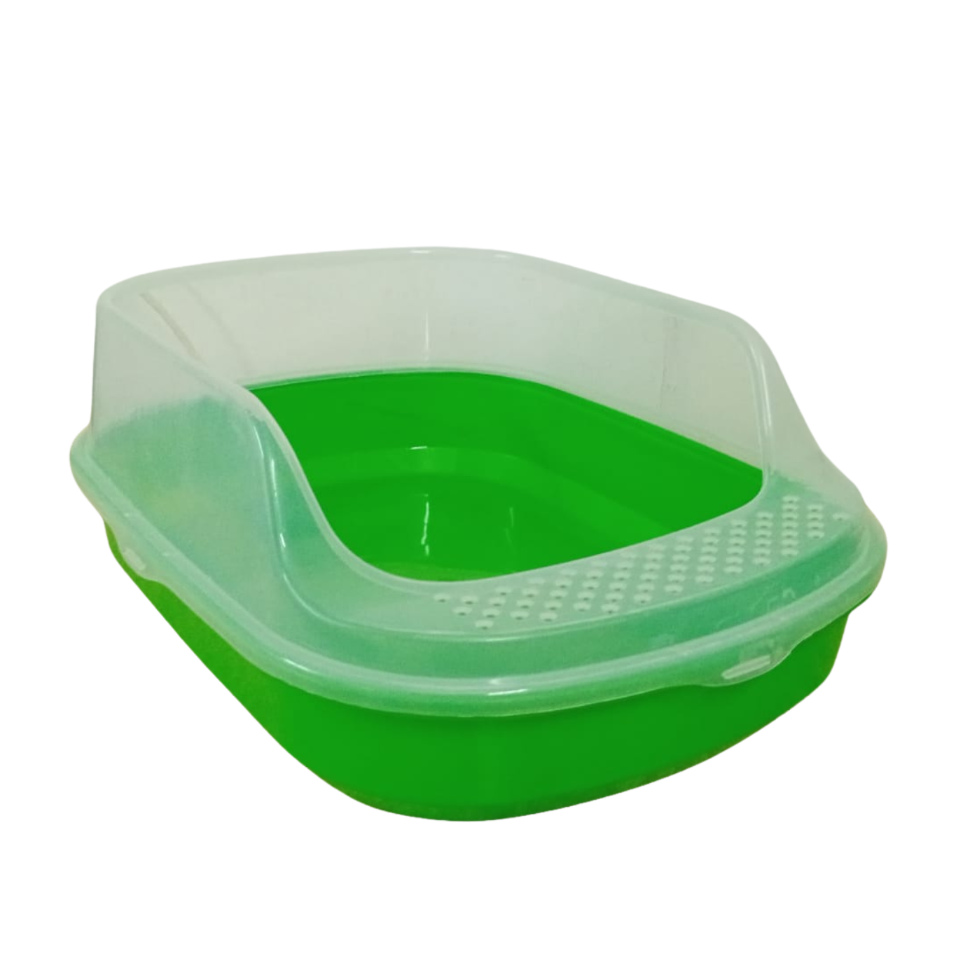 Green plastic pet litter tray on a white background