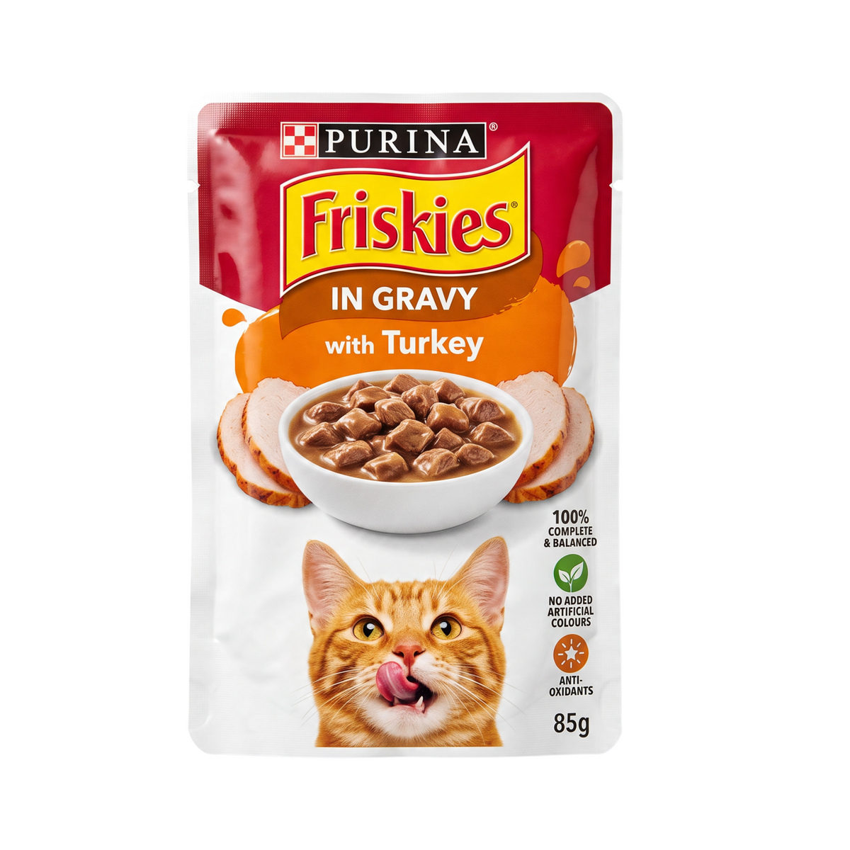 PetFriend Friskies wet cat food pouch with turkey in savory gravy, featuring a cat and turkey slices illustration.