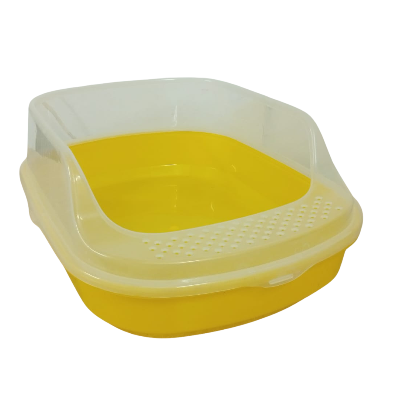 Yellow pet litter box with a transparent lid on a white background