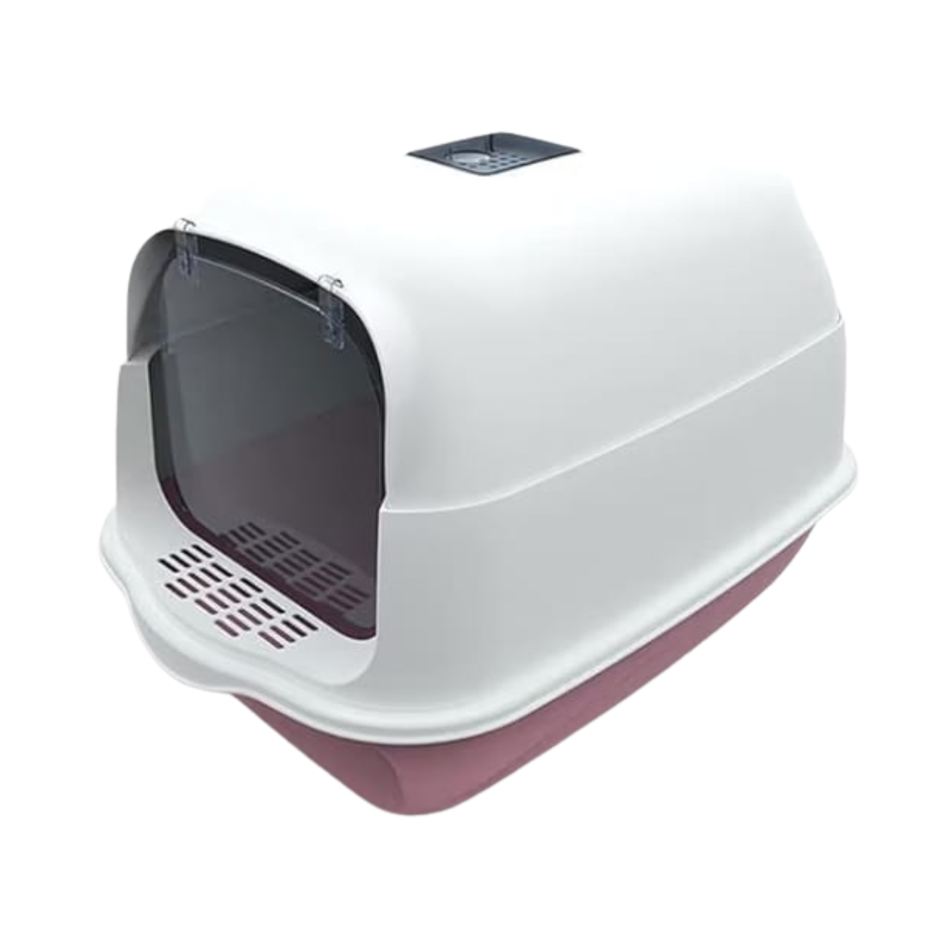 Pet litter box with a white top and pink base on a white background
