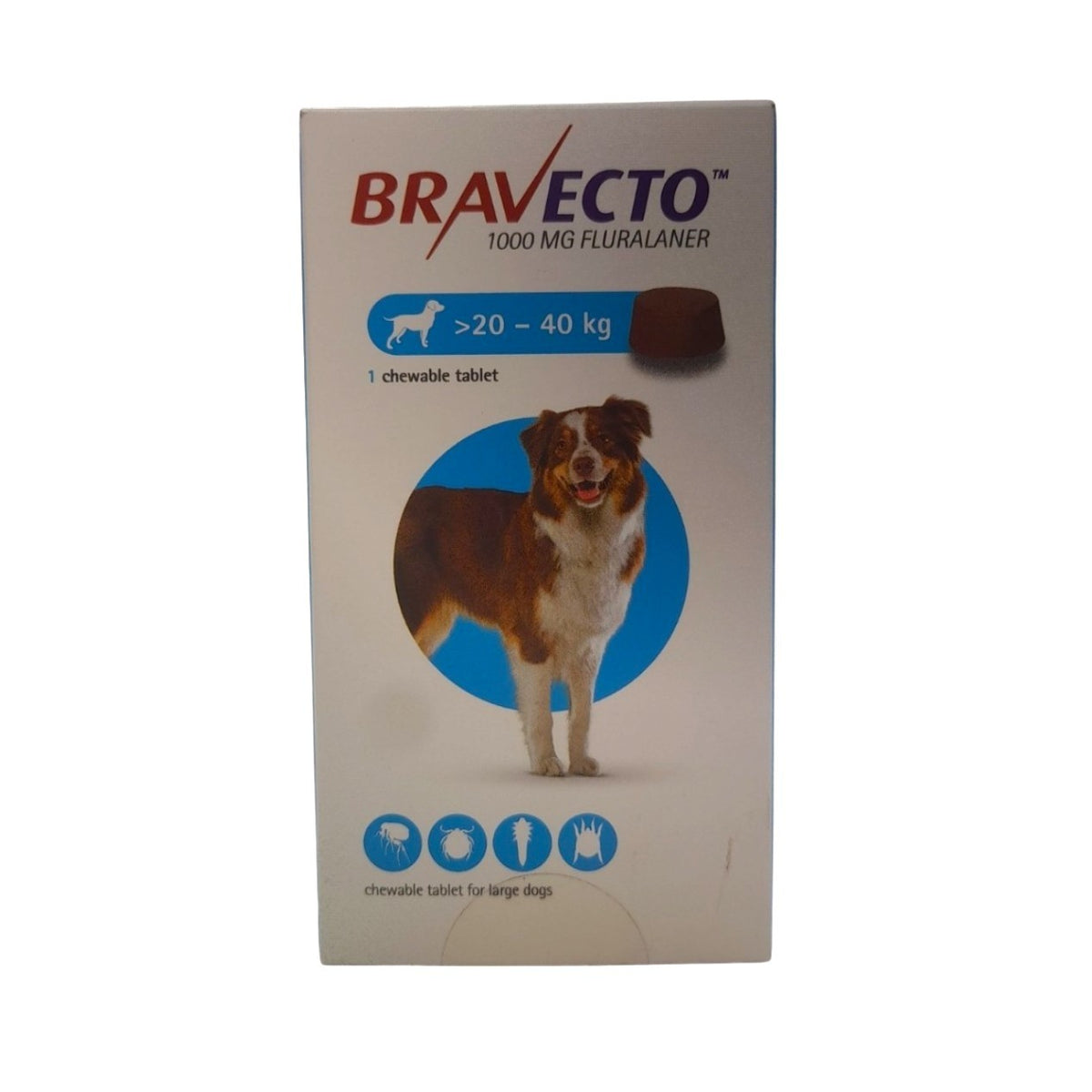 Bravecto packaging for dogs with a dog illustration on a white background