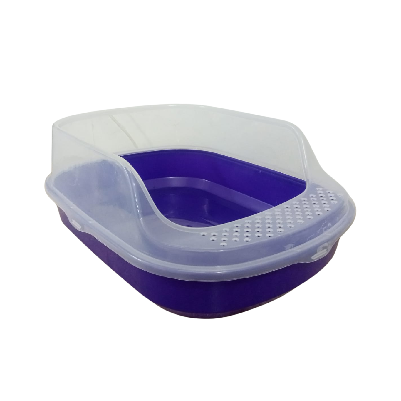 Purple pet litter box with clear lid on a white background