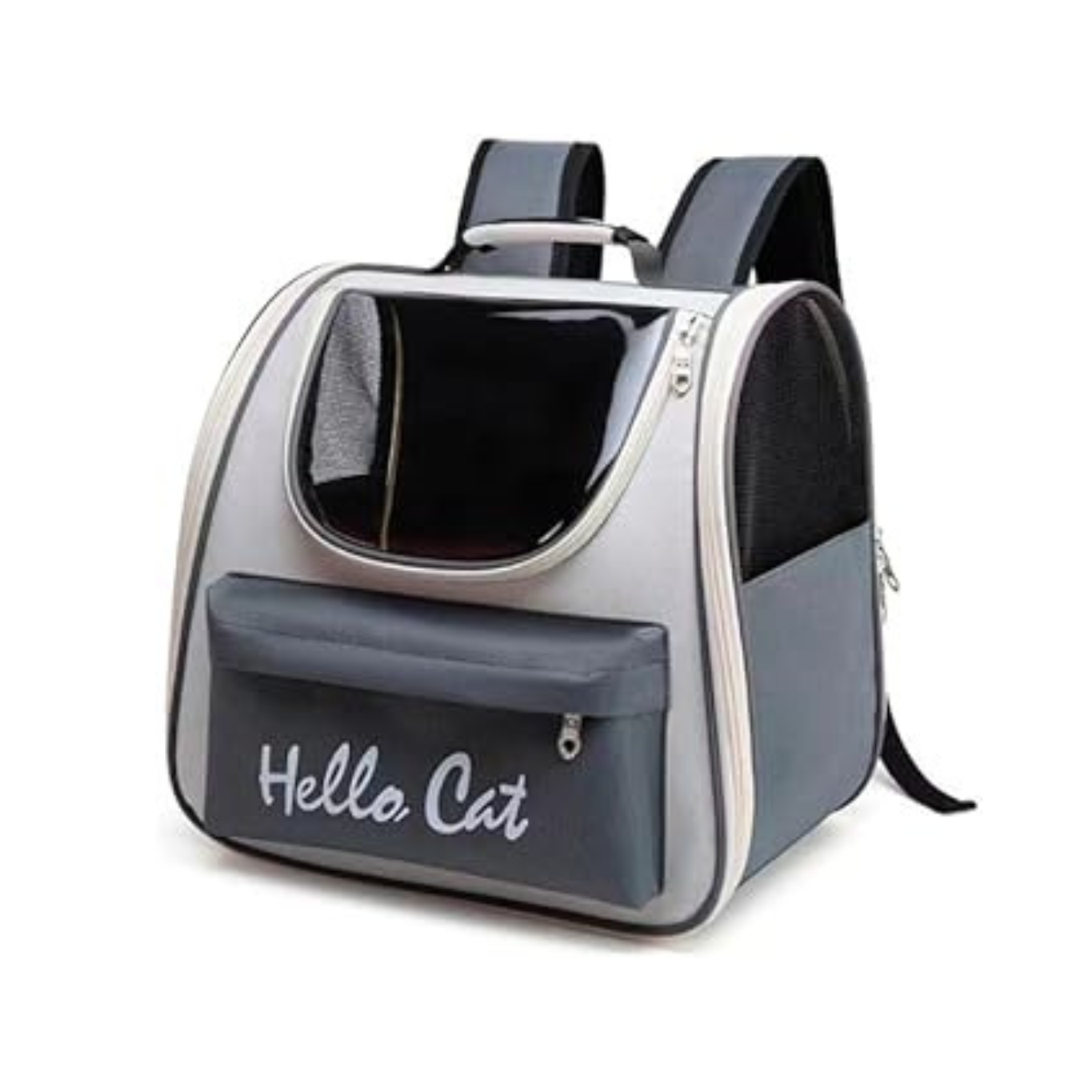 Pet carrier backpack with 'Hello Cat' text on a white background