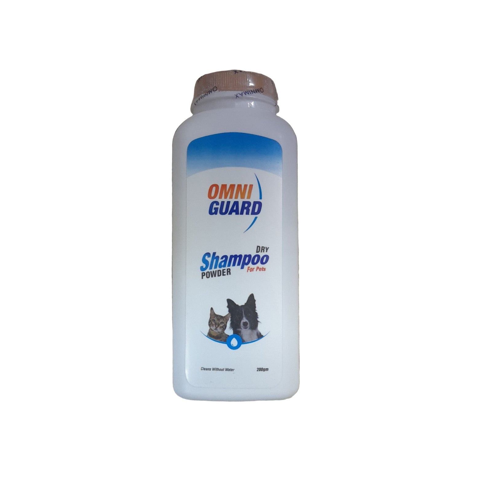 Omniguard dry shampoo powder bottle on a textured surface