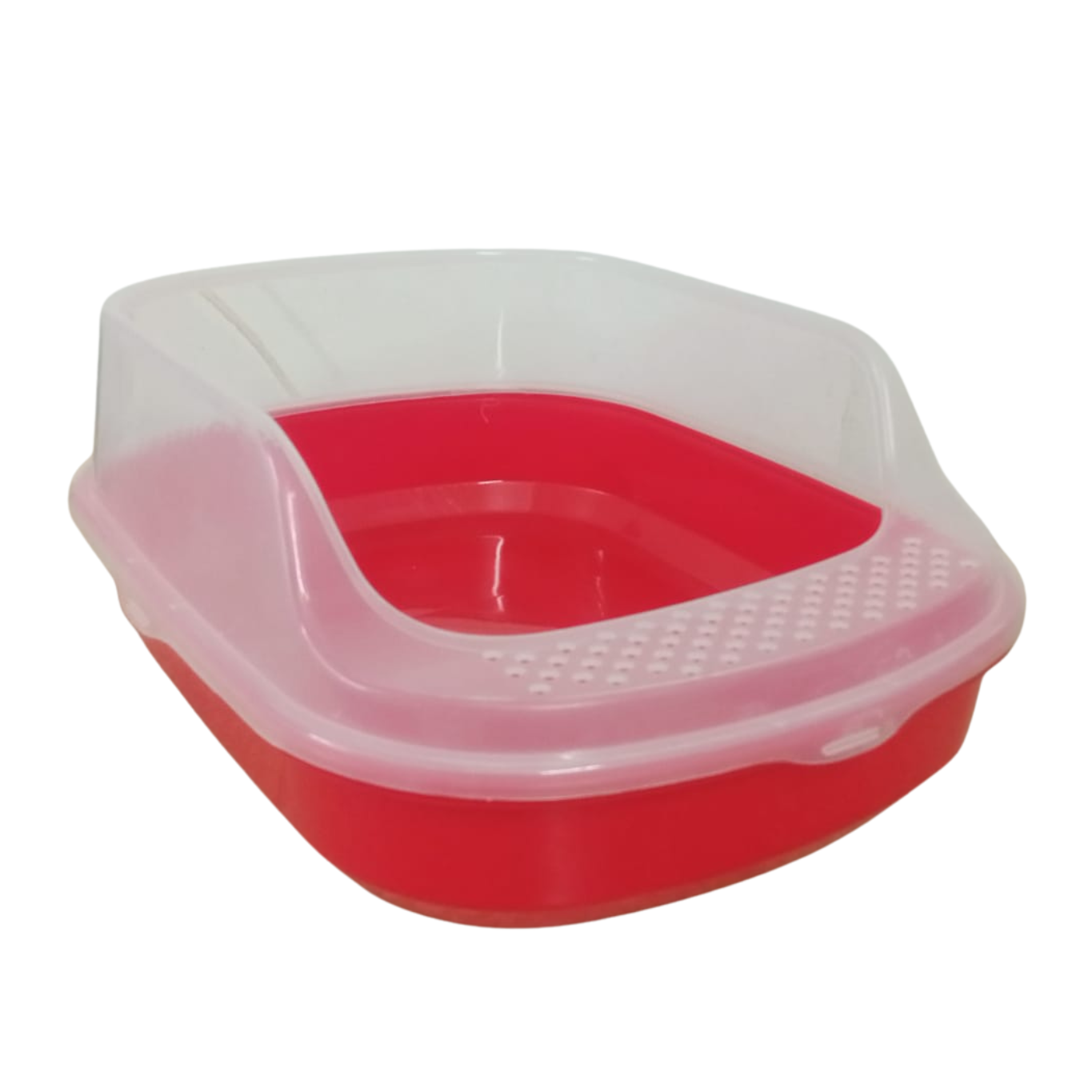 Red and clear plastic pet litter box on a white background