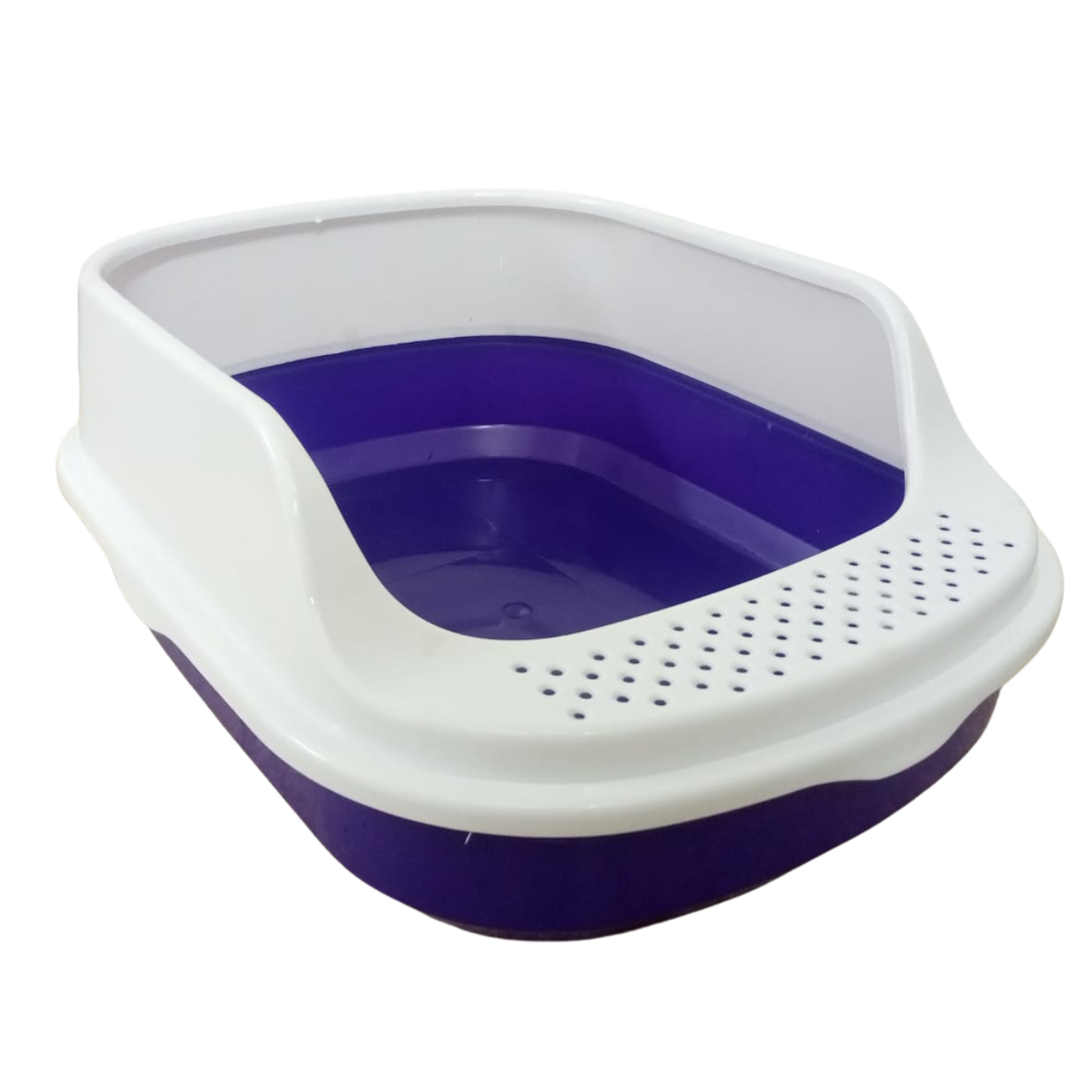 White and purple pet litter box on a white background