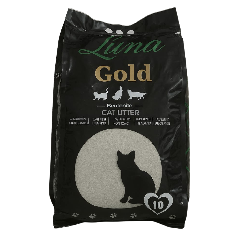 Bag of Luna Gold cat litter with black and white design on a white background