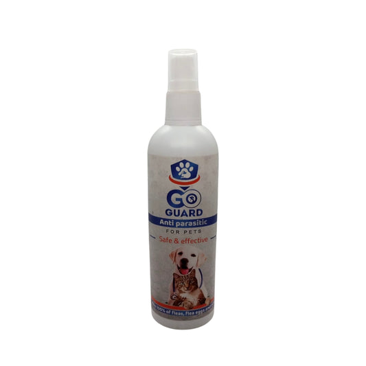 Go Guard anti-parasitic spray bottle for pets on a white background