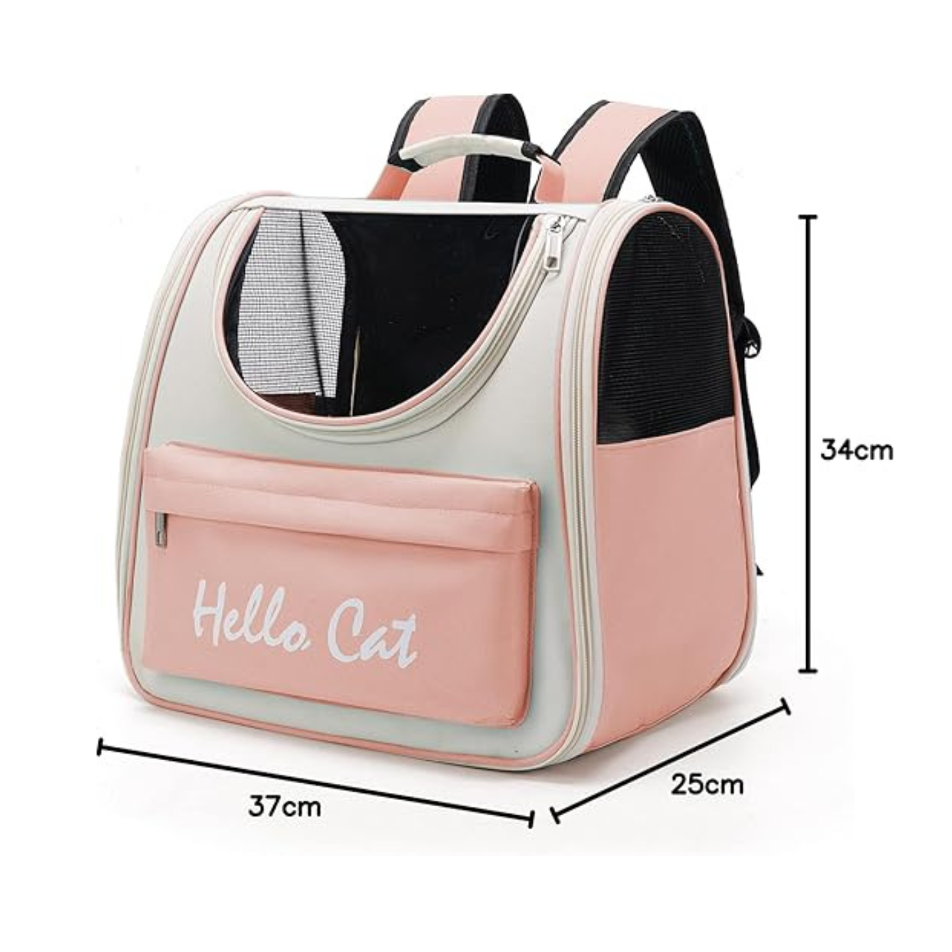 Pink pet carrier backpack with 'Hello Cat' text and dimensions on a white background