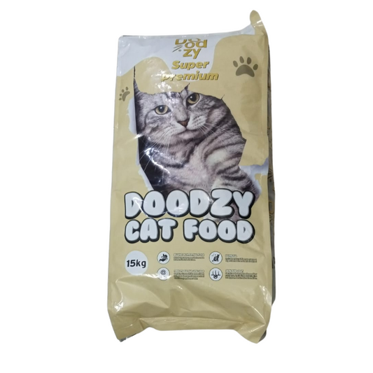 Bag of Doodzy cat food with a cat on the label against a white background