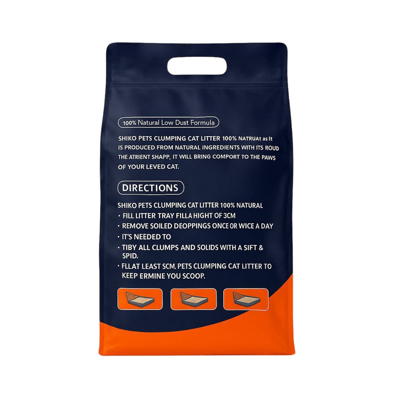 Cat litter package with text and instructions on a white background