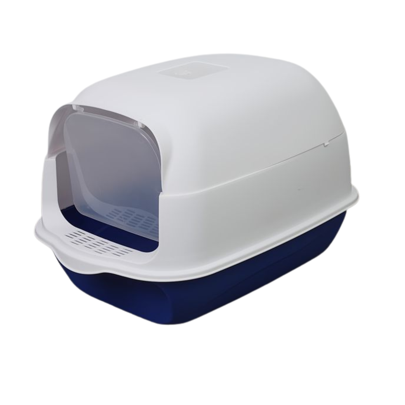 Pet litter box with a white top and blue base on a white background