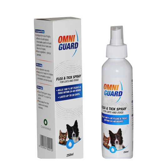 PetFriend OmniGuard flea and tick spray bottle and box for cats and dogs, 250ml fast-acting parasite control