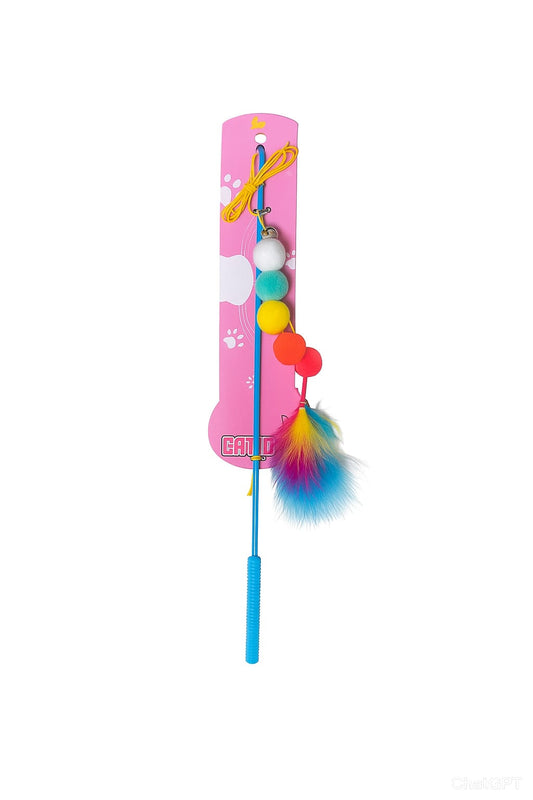 Colorful cat toy with a pink base and blue handle on a white background