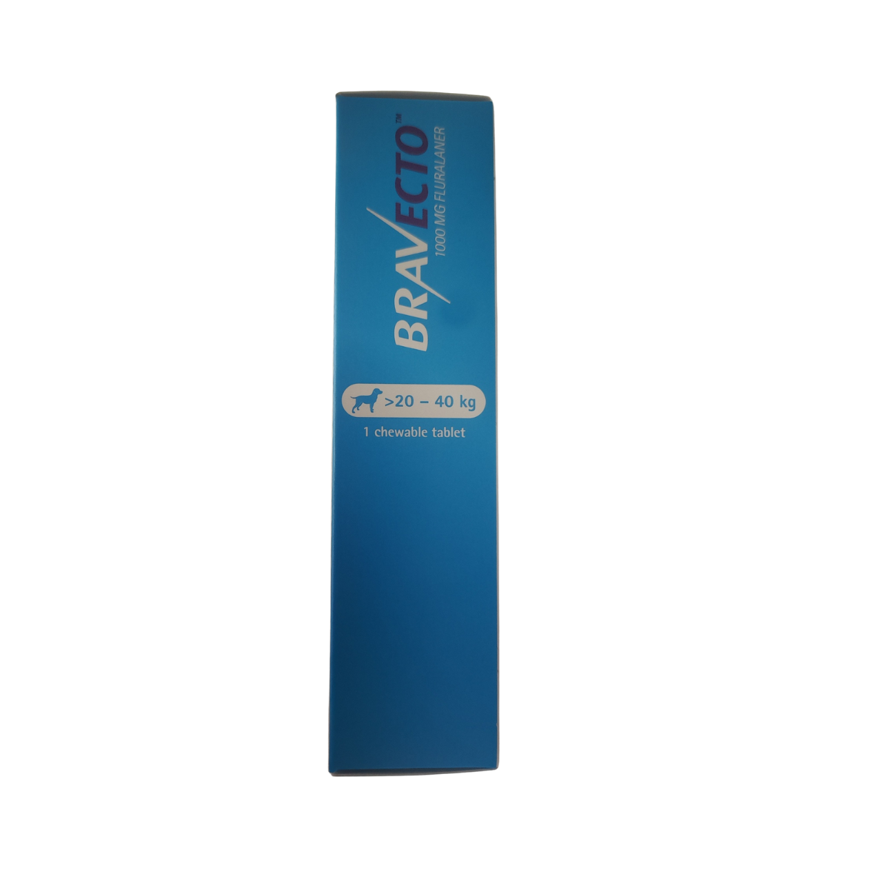 Blue box of Bravecto for dogs on a white background