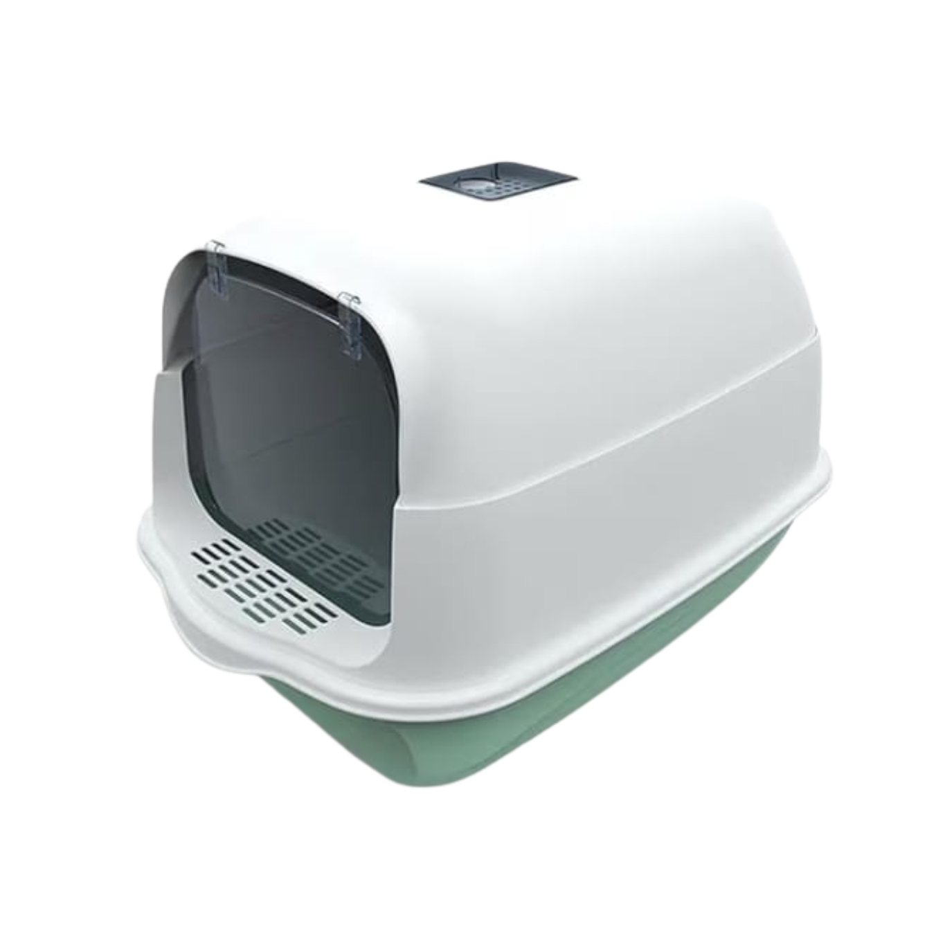 Pet litter box with a transparent lid on a white background